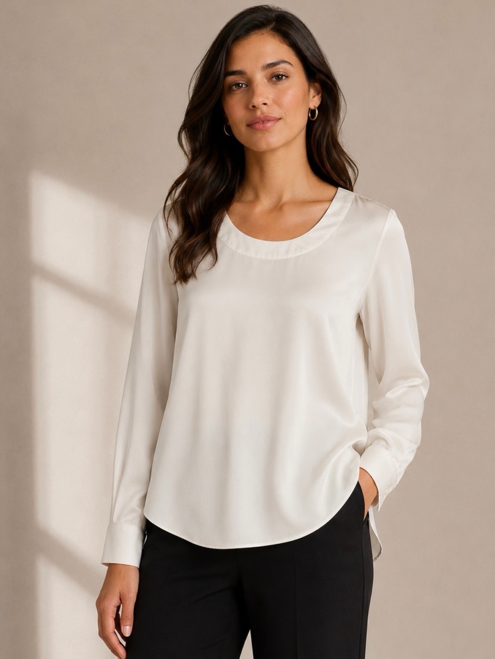 Banana Republic Women's Cream Long-Sleeve Scoop Neck Blouse